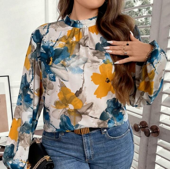 SHEIN Tops - Shein Lune Floral Mock Neck Long Sleeve Blouse Size XL Teal Yellow
